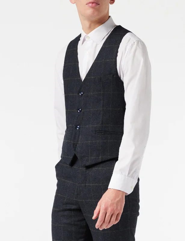 Men's Suits with Three-Button JacketsMEN'S HERRINGBONE TWEED NAVY BLUE CHECK PEAKY BLINDERS WAISTCOAT