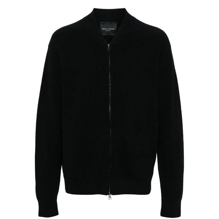 Men's Suits with Hidden PocketsBlack Ribbed Knit Wool Zip Bomber