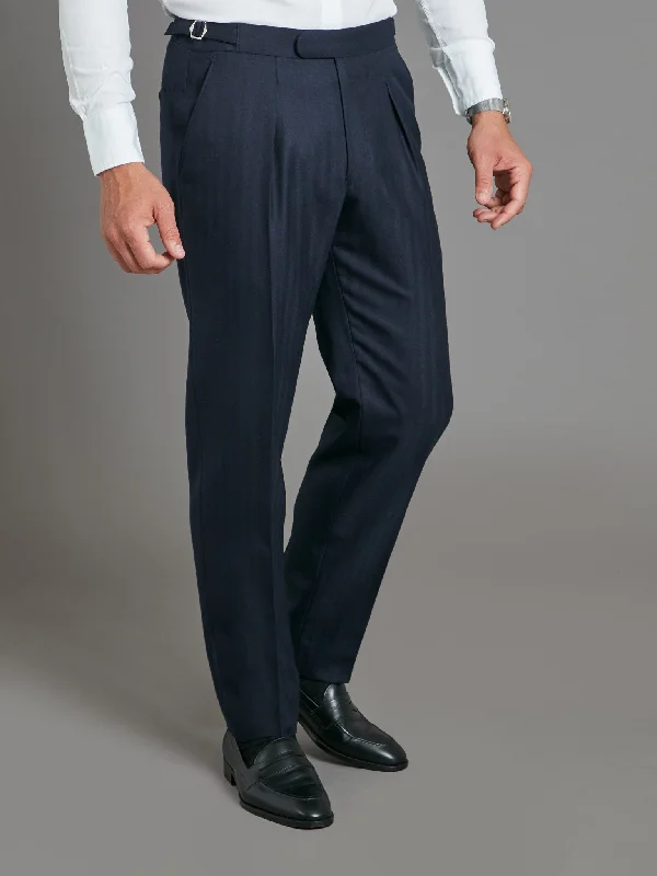 Men's Suits for Skinny MenPleated Suit Trousers - Navy Herringbone