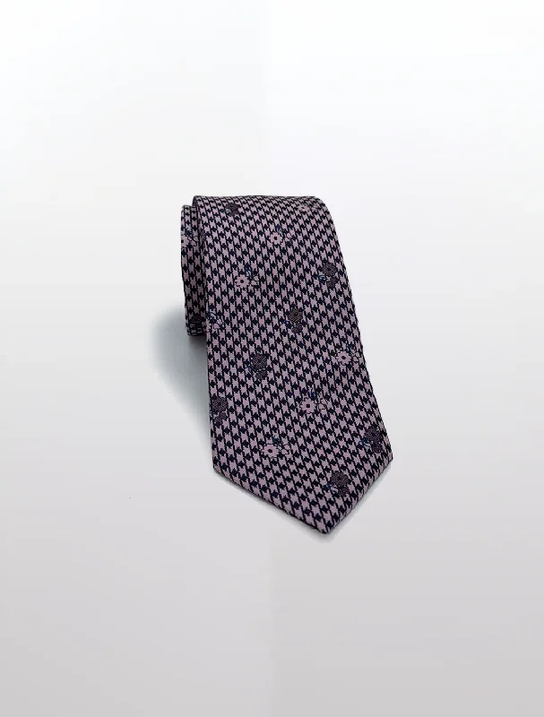 Men's Suits with Mother-of-Pearl ButtonsPink Houndstooth with Floral Motif Patterned Microfiber Tie