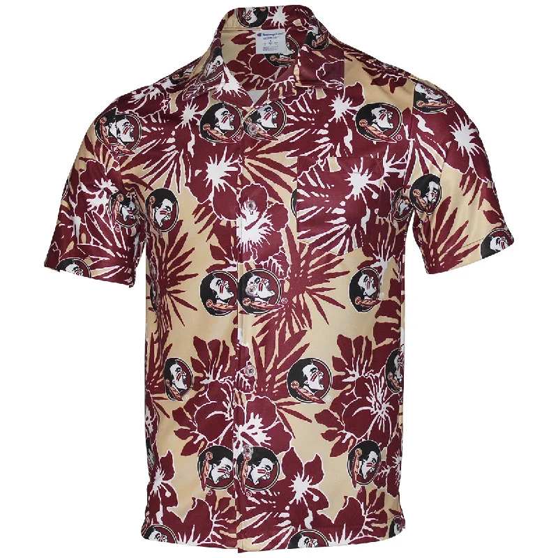 Men's Shirts with Belt LoopsChampion Men's Seminole Logo Sublimated Hawaiian Print Short Sleeve Woven Button Up - Garnet/Gold