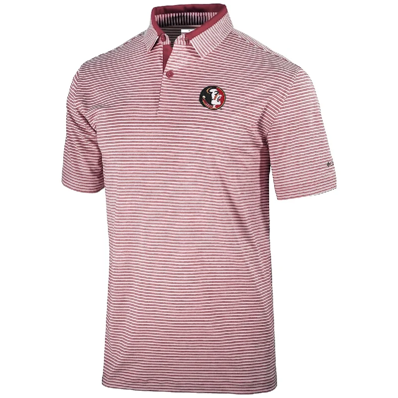 Men's Shirts with Zippered PocketsColumbia Men's Vault Seminole Logo Golden Hills Striped Polo - Cardinal/White