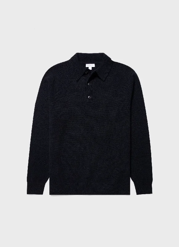 Warm Men's Fleece-Lined TopsMen's Lambswool Polo Shirt in Dark Navy Mouline