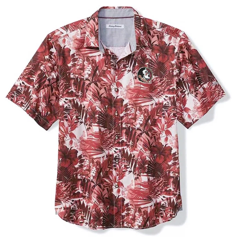 Men's Shirts for FishingTommy Bahama Men's Seminole Logo Electric Blooms Short Sleeve Camp Shirt - Garnet