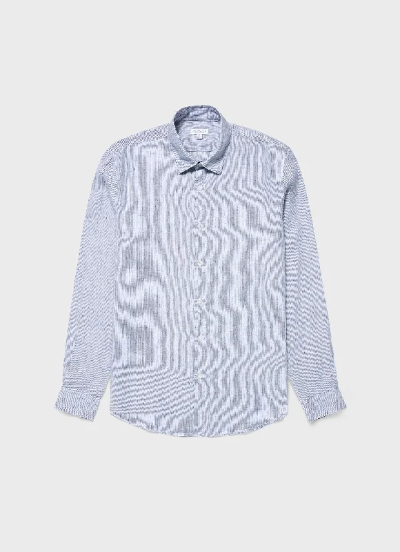 Men's Stain-Resistant Shirts for Mess-Free WearMen's Linen Shirt in White/Navy Micro Stripe