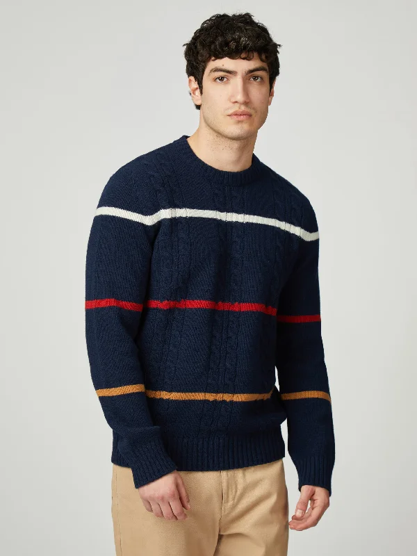 Cozy Men's Cable-Knit SweatersCable Stripe Crew - Dark Navy