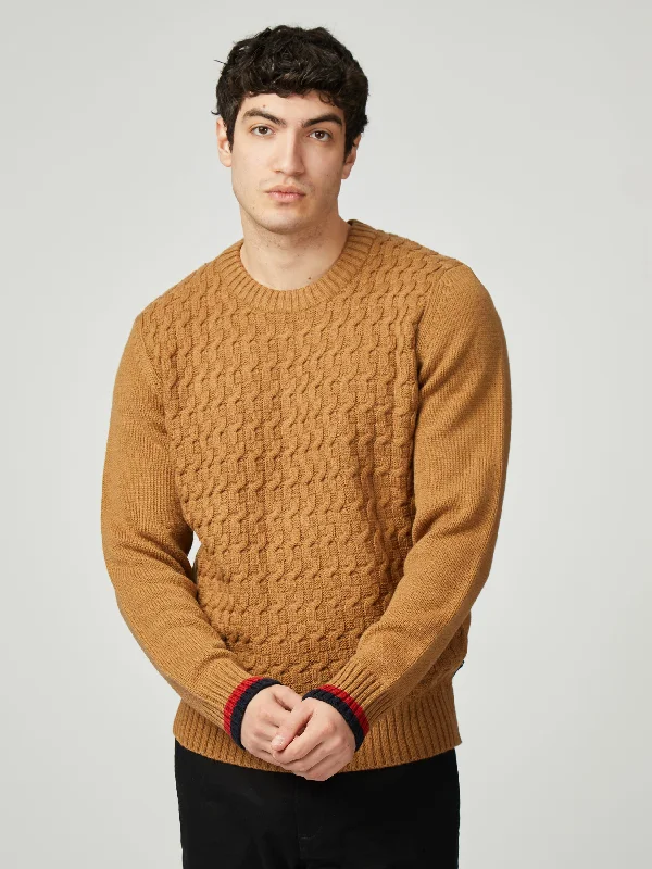 Men's Sweaters with Button-Down PlacketsCable Textured Crew - Light Brown