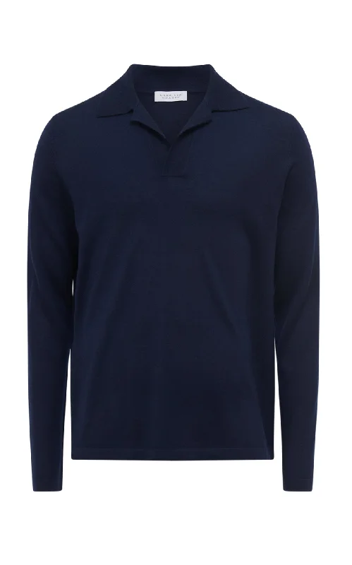 Trendy Men's Oversized SweatersFrome Knit Long Sleeve Polo in Dark Navy Cashmere