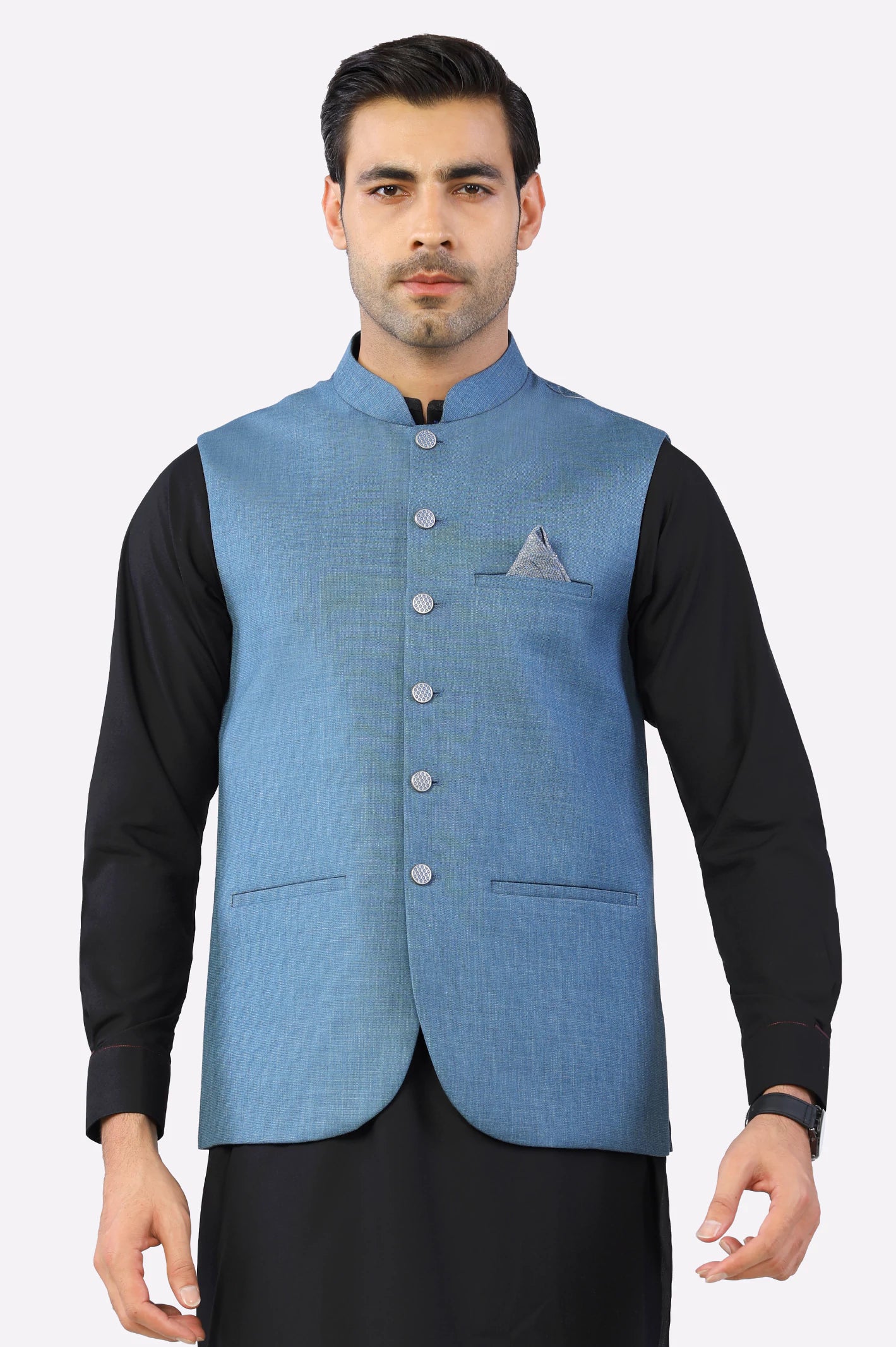 Men's Coats with PocketsMen Light Blue Buttoned Waistcoat