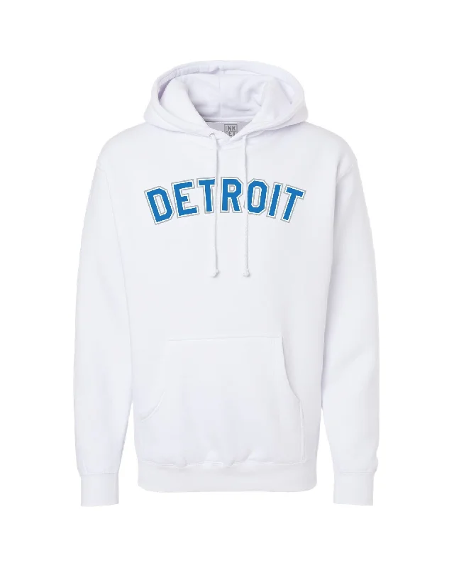 Men's Hoodies with Asymmetric ZippersInk Detroit -  Honolulu blue and silver print on White Hoodie