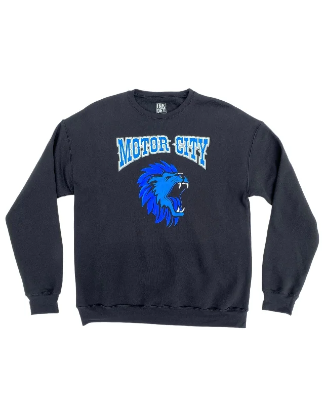 Men's Hoodies with Wind-Resistant FabricInk Detroit - Motor City Kitty Lion Crewneck Sweatshirt - Black