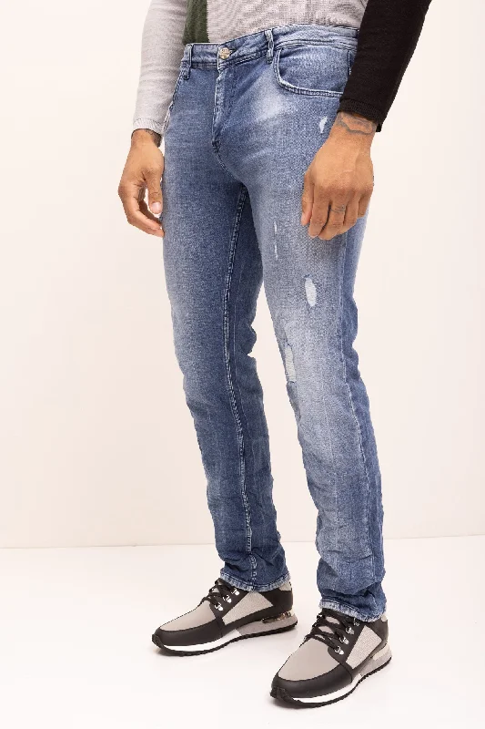 Baggy Men's JeansStraight Cut Cotton Denim Distressed Jeans- Indigo