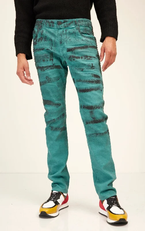 Latest Men's Jeans TrendsBlack Paint Swiped Denim Jeans - Dark Green