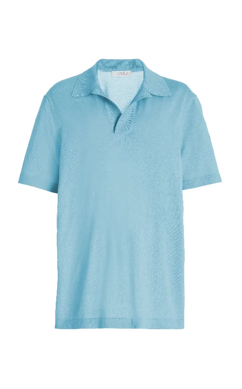 Men's Sweaters with High-Neck DesignsStendhal Knit Short Sleeve Polo in Mineral Blue Cashmere