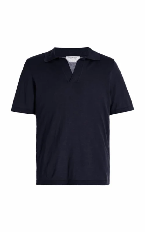 Men's Sweaters with Checkerboard PatternsStendhal Knit Short Sleeve Polo in Navy Cashmere