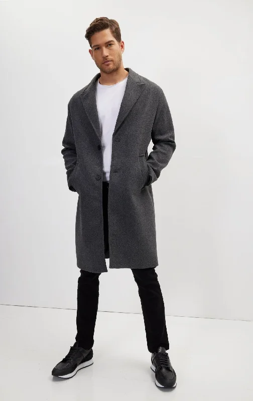 Classic Men's Trench CoatsLong Fitted Pea Coat With Notch Lapel - Anthracite