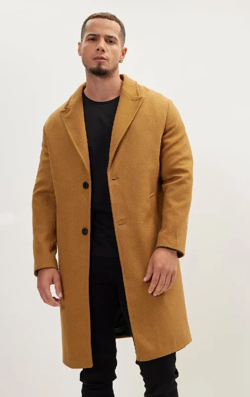 Men's Coats with PocketsLong Fitted Pea Coat With Notch Lapel - Hazelnut