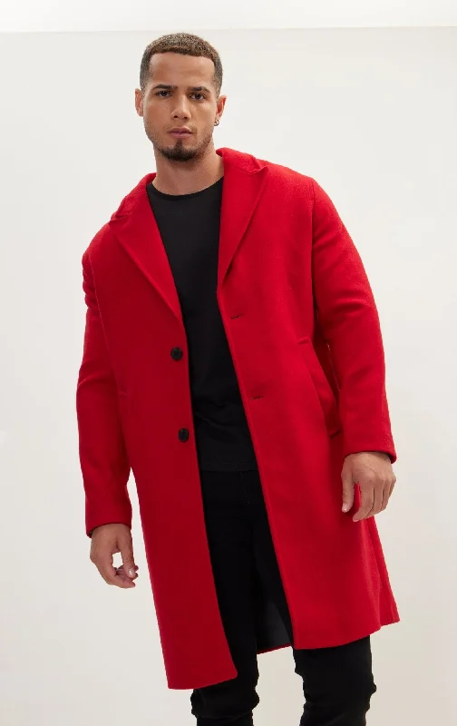 Men's Coats with HoodsLong Fitted Pea Coat With Notch Lapel - Red