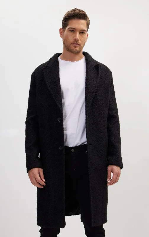 Warm Men's Down JacketsLong Fitted Boucle Pea Coat With Notch Lapel - Black