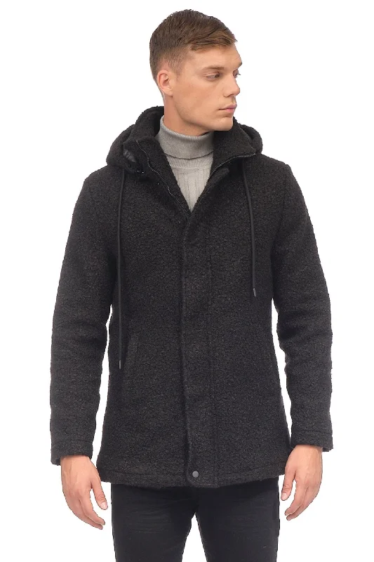 Men's Coats with Belted WaistsHooded Boucle Coat - Black