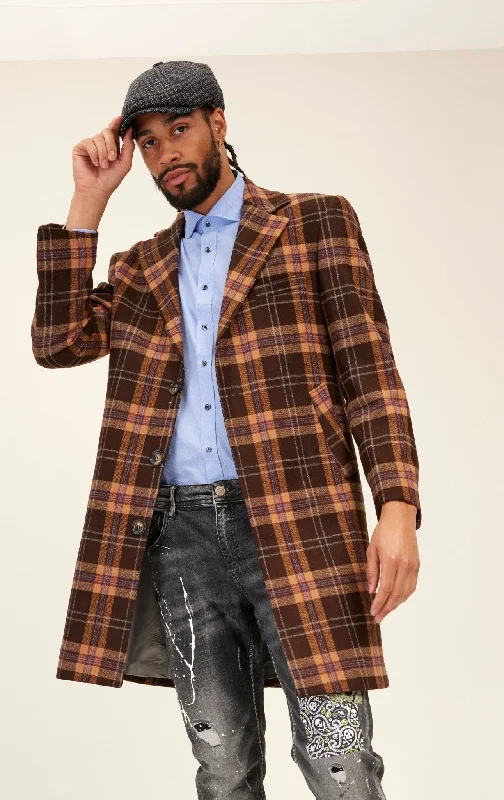 Men's Coats for SkiingLongline Chesterfield Plaided Coat - Brown