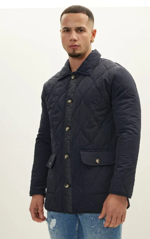 Best Men's Leather CoatsSnap Button Closure Autumn Coat - Navy