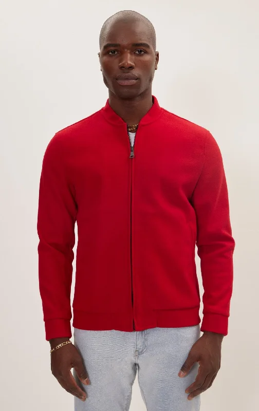 Men's Coats with Contrast StitchingRelaxed Unlined Varsity Zipper Jacket- Red