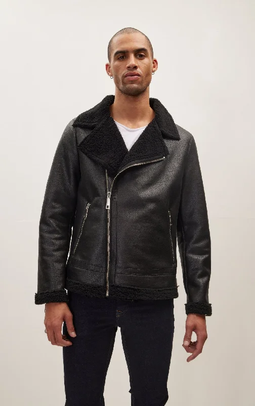 Men's Coats with Water-Repellent FabricVegan Shearling Biker Jacket - Black