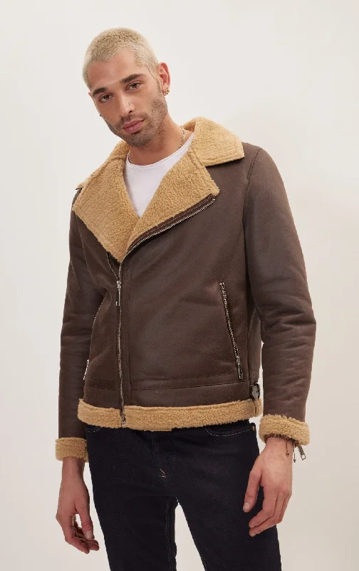 Men's Coats with Hand WarmersVegan Shearling Biker Jacket - Brown