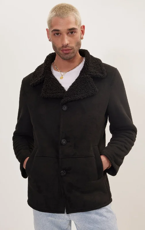 Men's Coats for Mild WeatherVegan Shearling Button Closure Jacket - Black