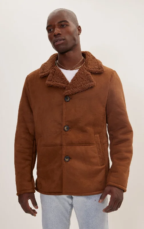 Men's Coats for TravelVegan Shearling Button Closure Jacket - Brown