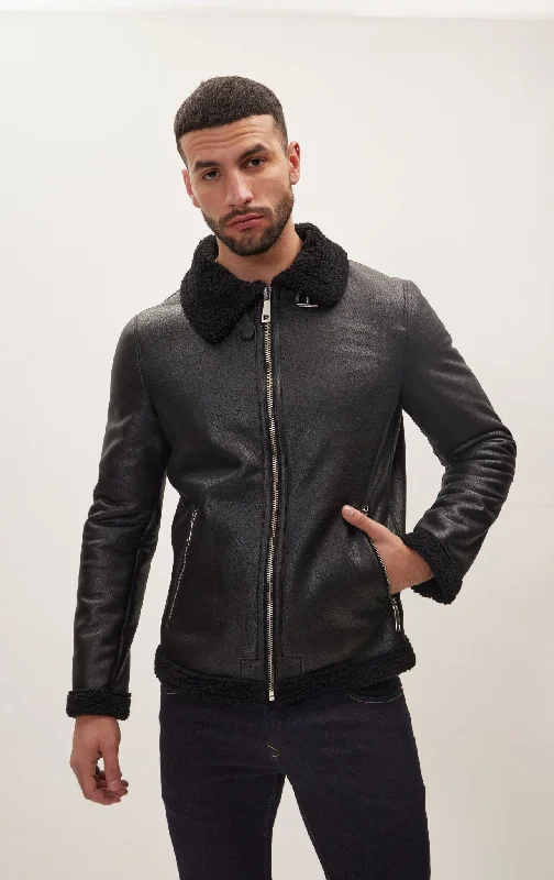 Elegant Men's Wool CoatsVegan Shearling Aviator Jacket - Black