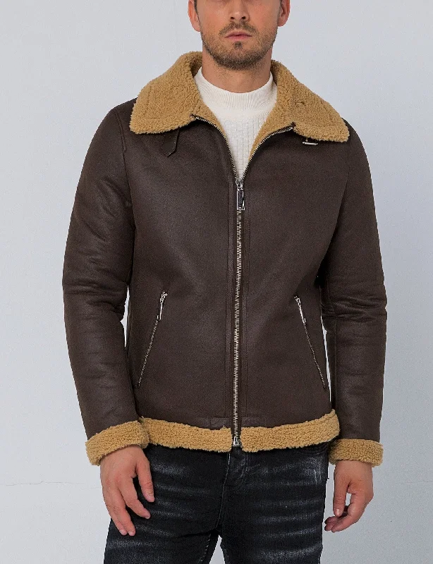 Cool Men's Pea CoatsVegan Shearling Aviator Jacket - Brown