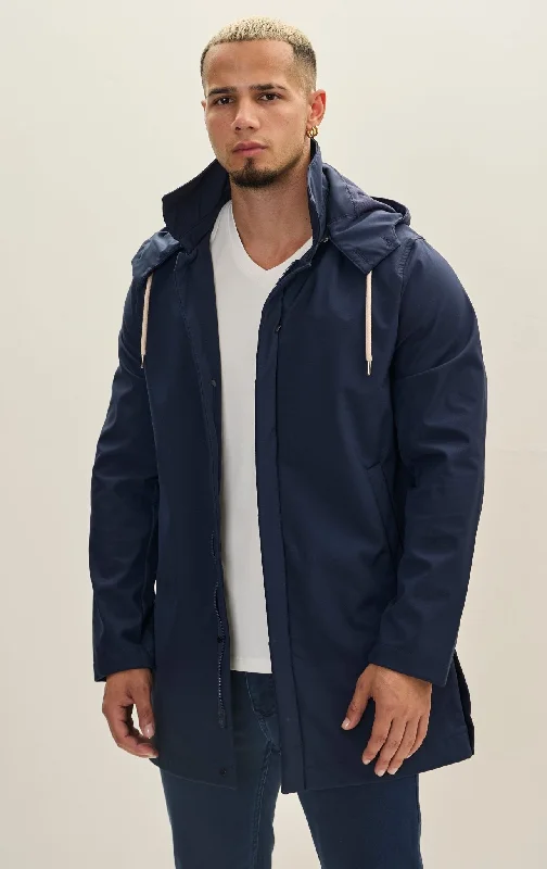 Designer Men's OvercoatsHooded Rain Slicker Jacket - Navy