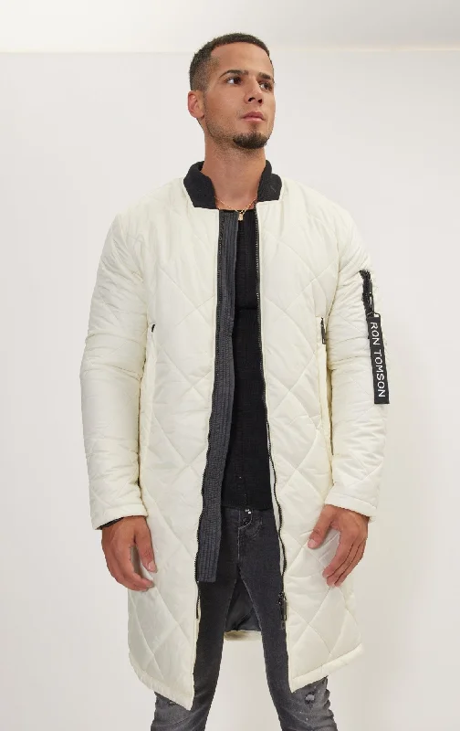 Men's Coats with Ripstop FabricLight Padded Long Coat Jacket - Off White