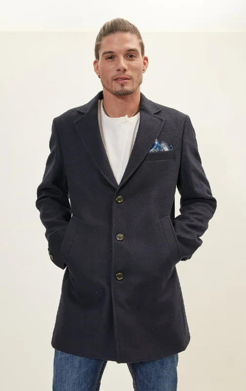 Men's Coats for Winter SportsWool Melange Mid-Length Overcoat - Navy